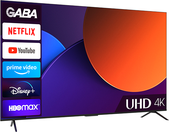TV képernyő élénk képpel. Olyan alkalmazások, mint a Netflix, a YouTube, a Prime Video és a Disney+ láthatók.