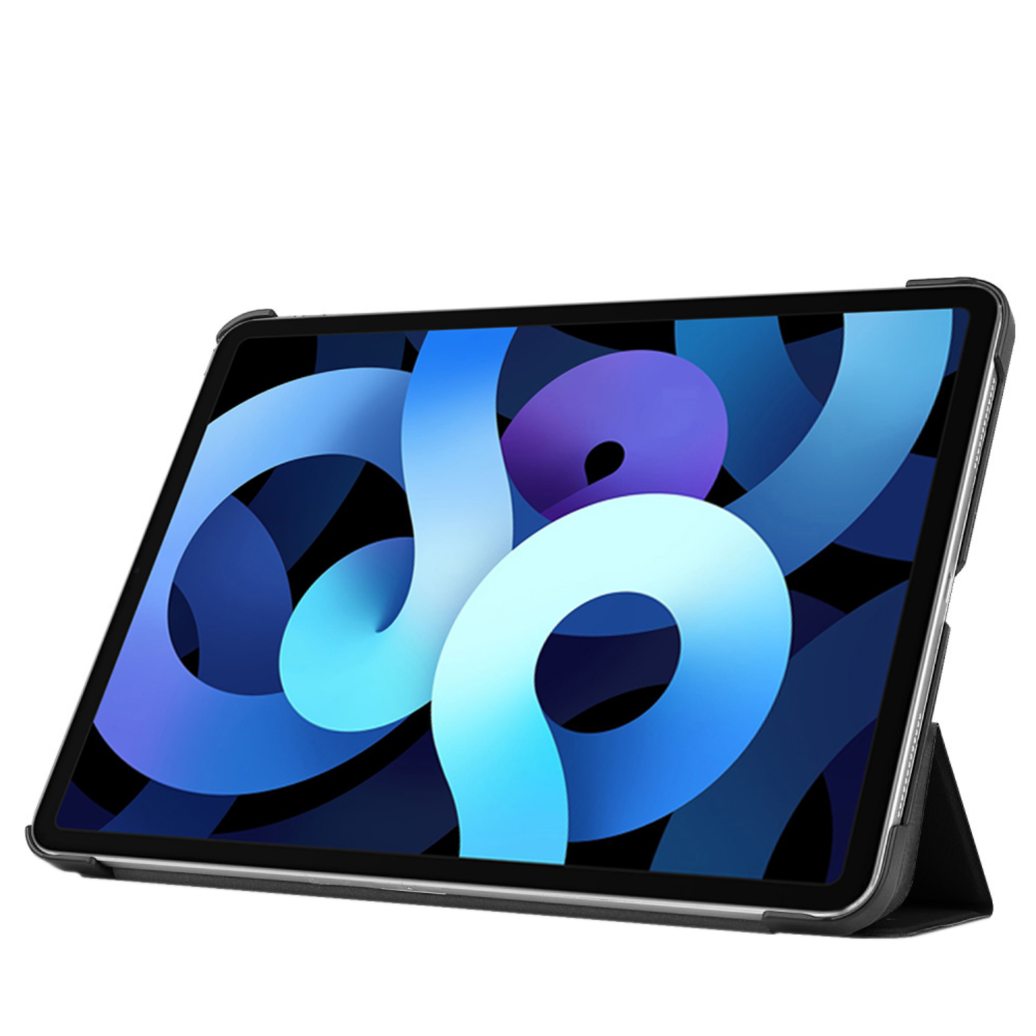 Tablet with a screen displaying a blue image, in a dark gray case.