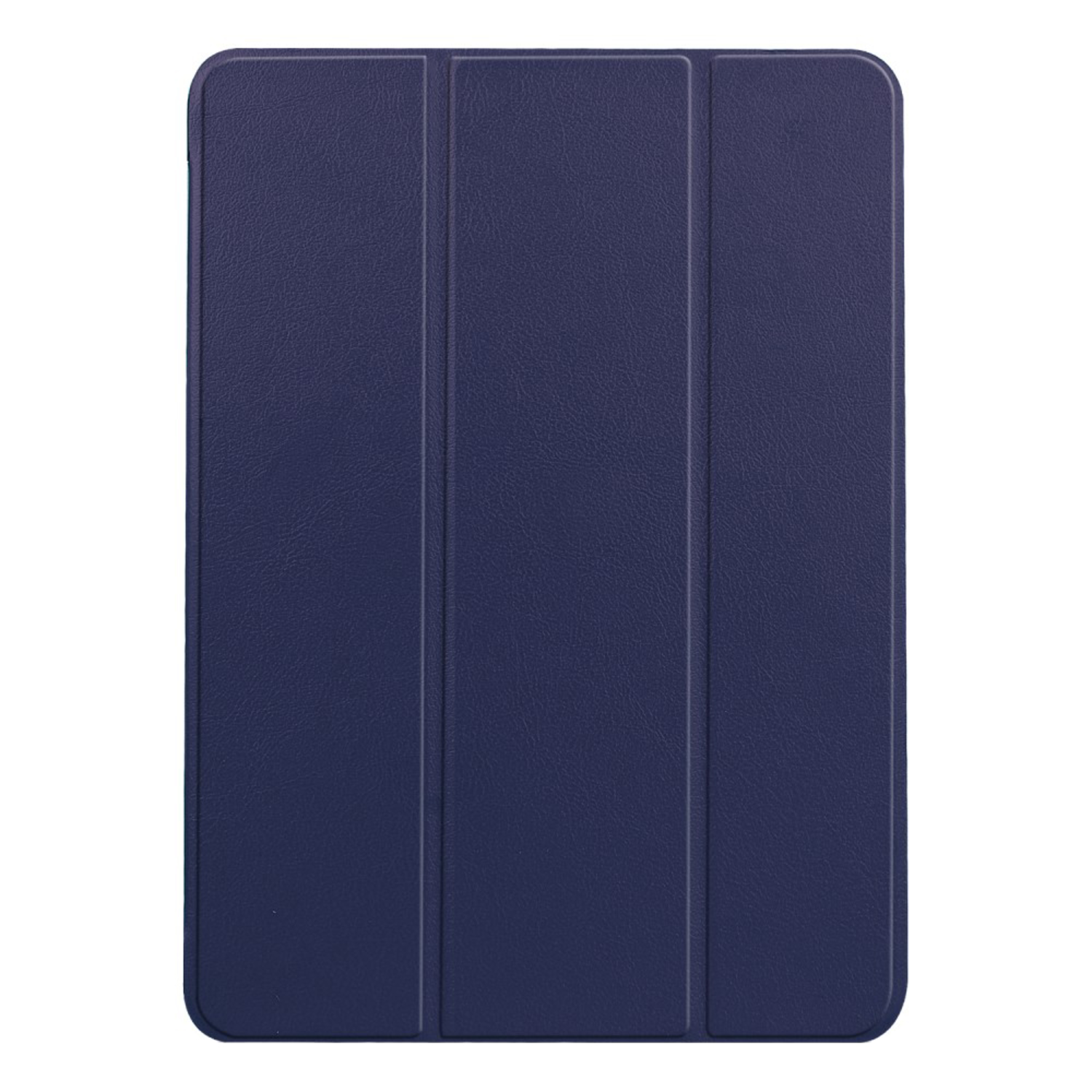 Navy blue tablet case with a tri-fold design, showing a textured surface.