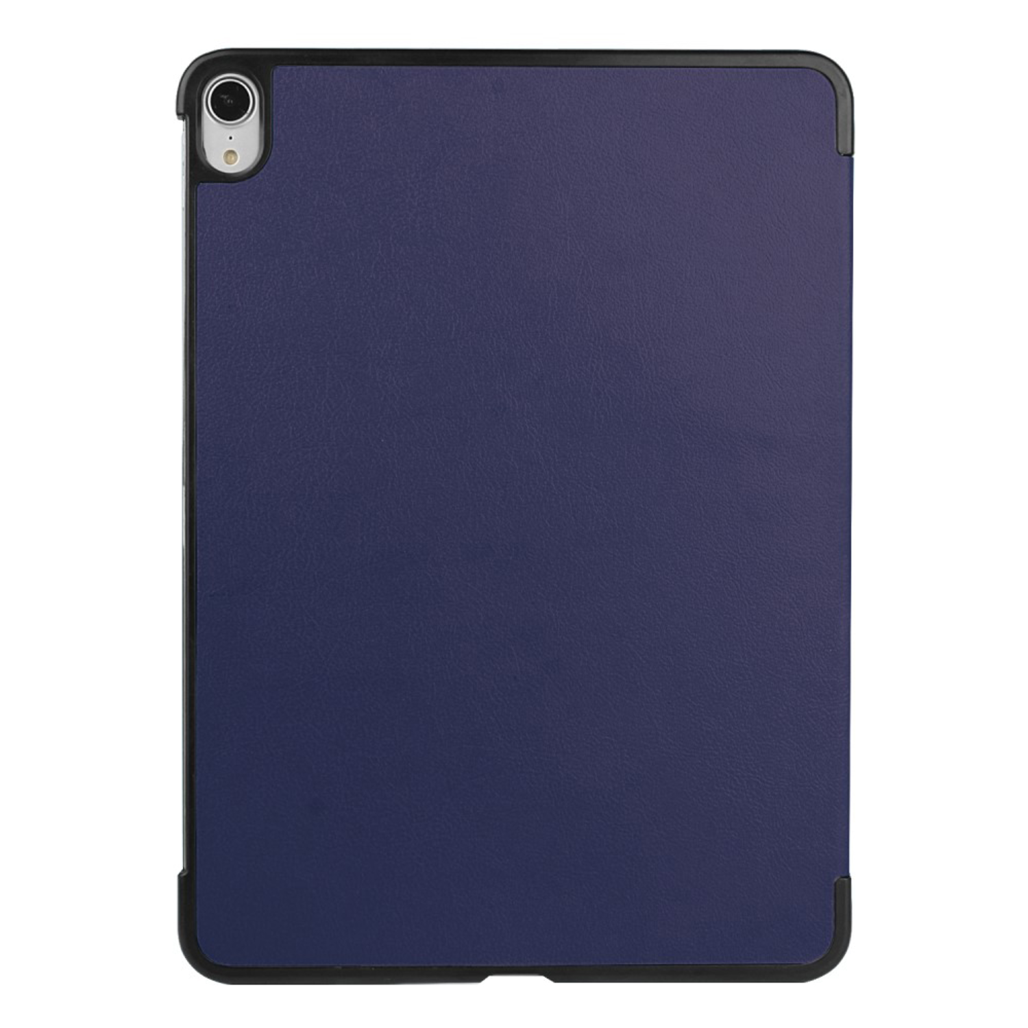 A blue tablet case with a black border and a camera cutout.
