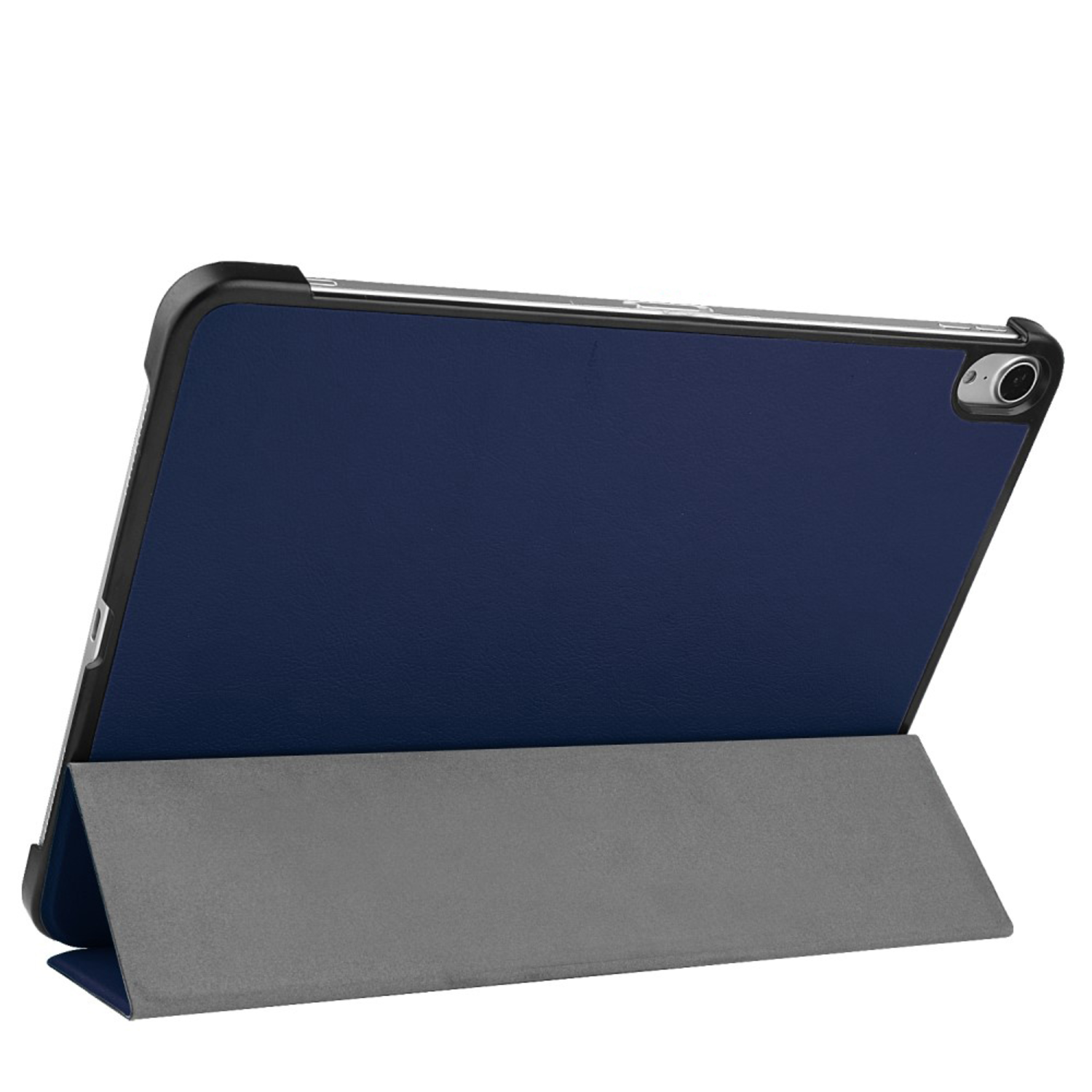 Blue tablet in a gray case, with the cover folded to support the device.