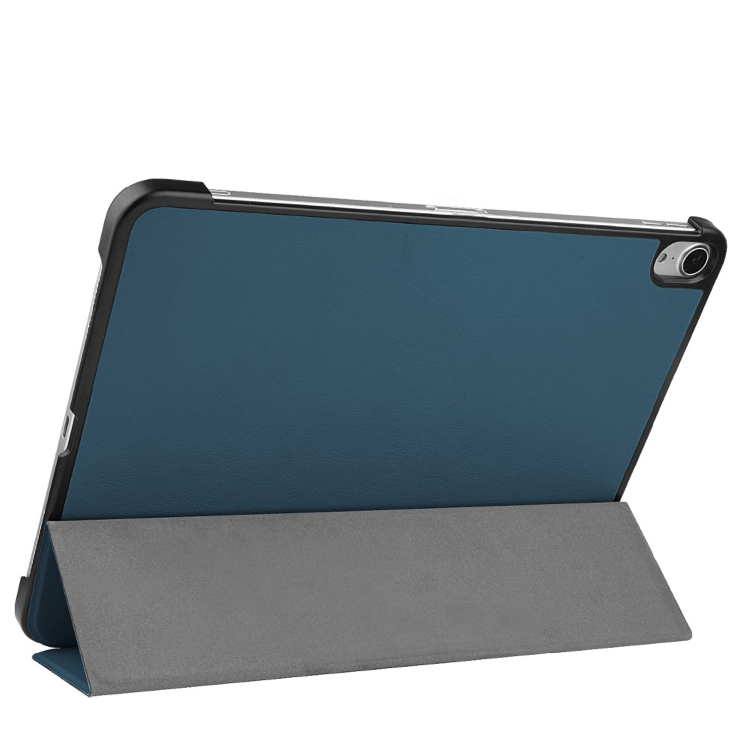 Tablet in a navy blue case, propped up, showing the back and partially the screen.