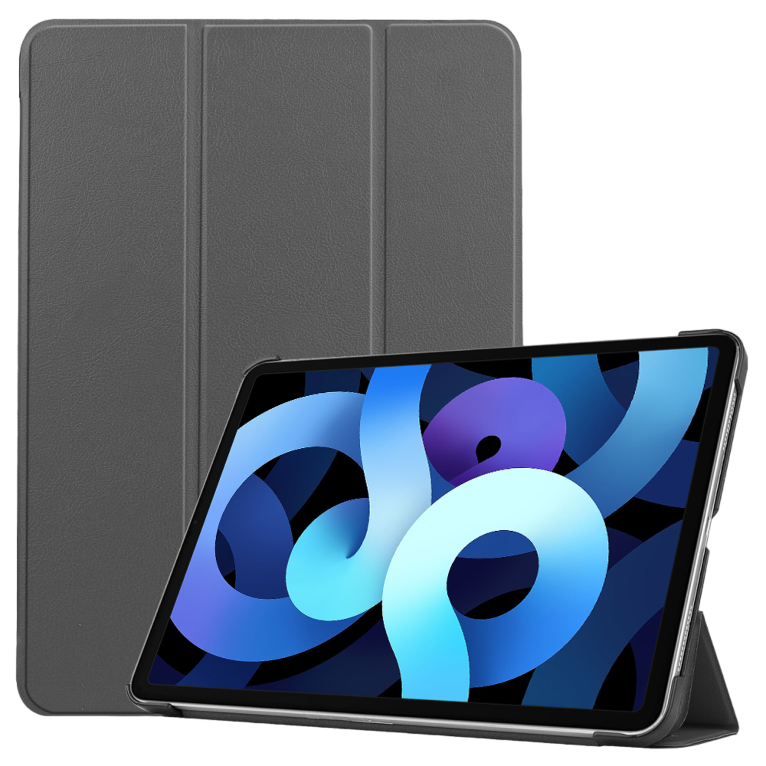 A tablet with a case, the tablet shows a blue and purple abstract design, the case is dark gray in color.