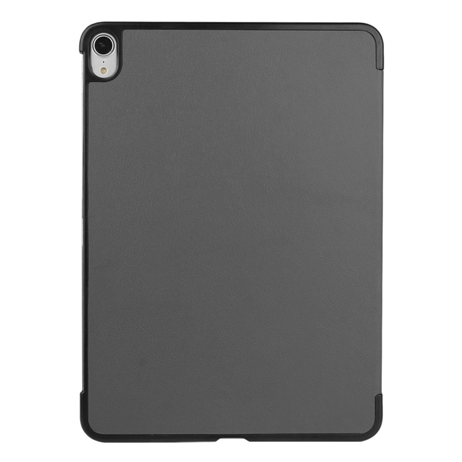 A grey iPad case with a black border, viewed from the back.