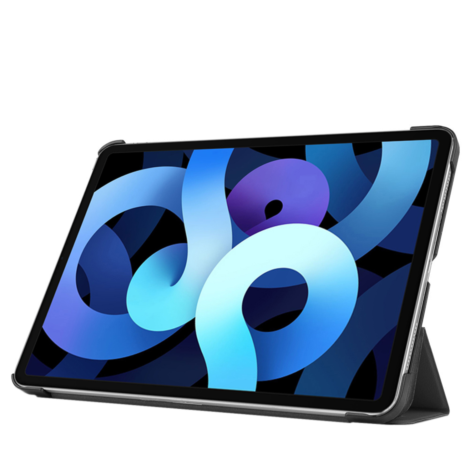 Tablet in a black case with a blue screen. White background.