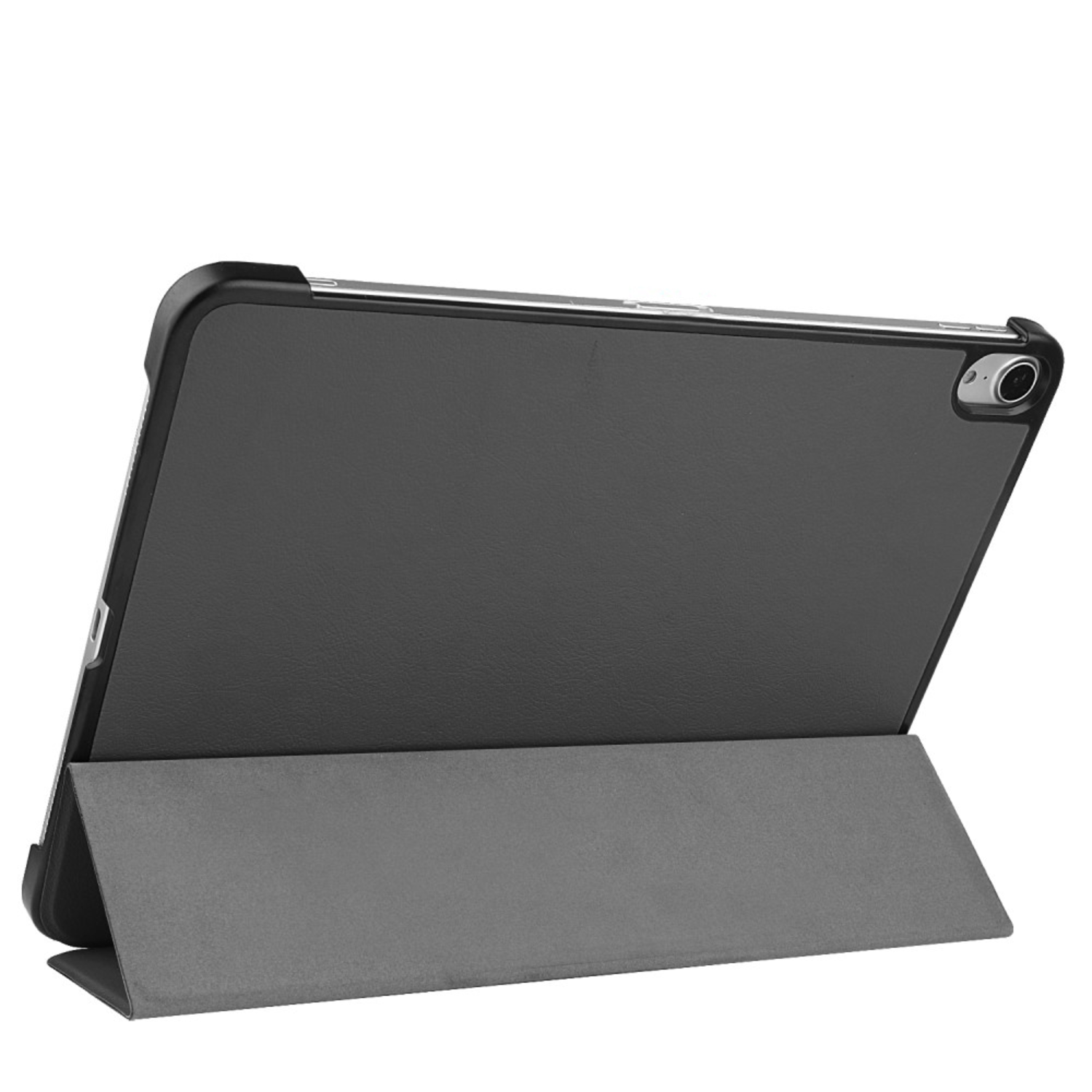 Tablet in a case, propped up, with a dark screen against a white background.