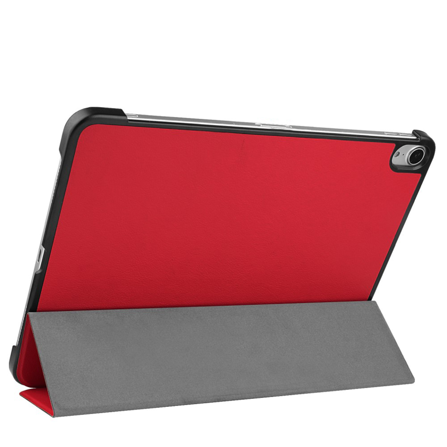 Red and gray tablet case. The case is open, showing the tablet and a stand.