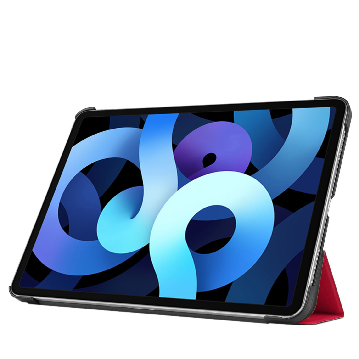 An iPad in a case, on a white background. The screen displays a blue abstract image.