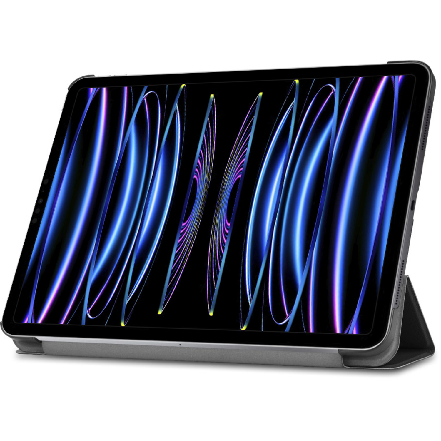 Tablet with case, screen on, showing a blue and purple abstract design.