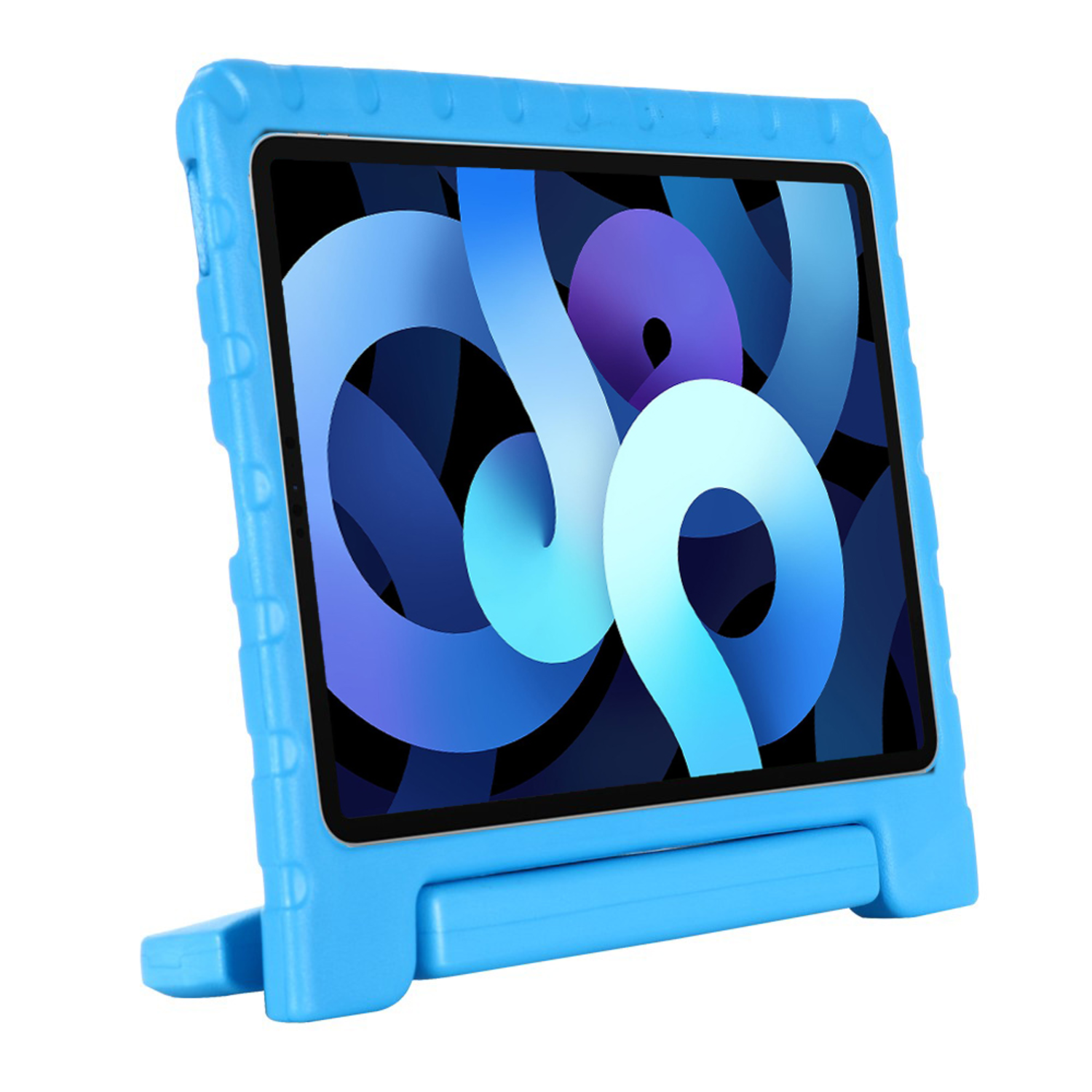 Blue iPad in a blue protective case with a built-in stand. The screen is on.