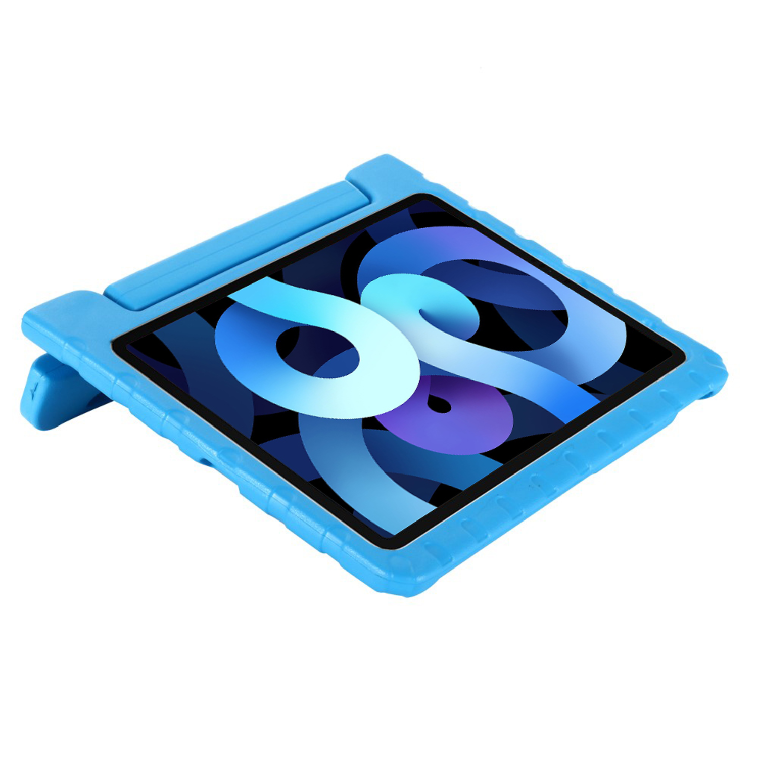 Blue tablet in a blue protective case with a stand, screen displays blue abstract design.