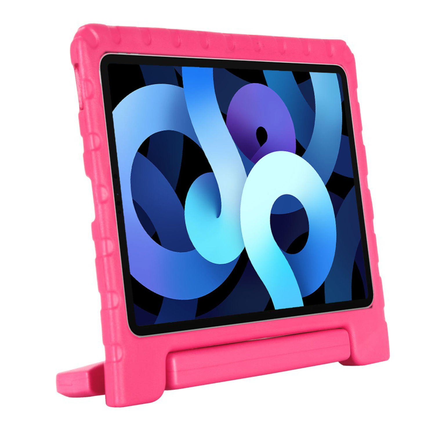 Pink tablet in a pink protective case with a handle on a white background.