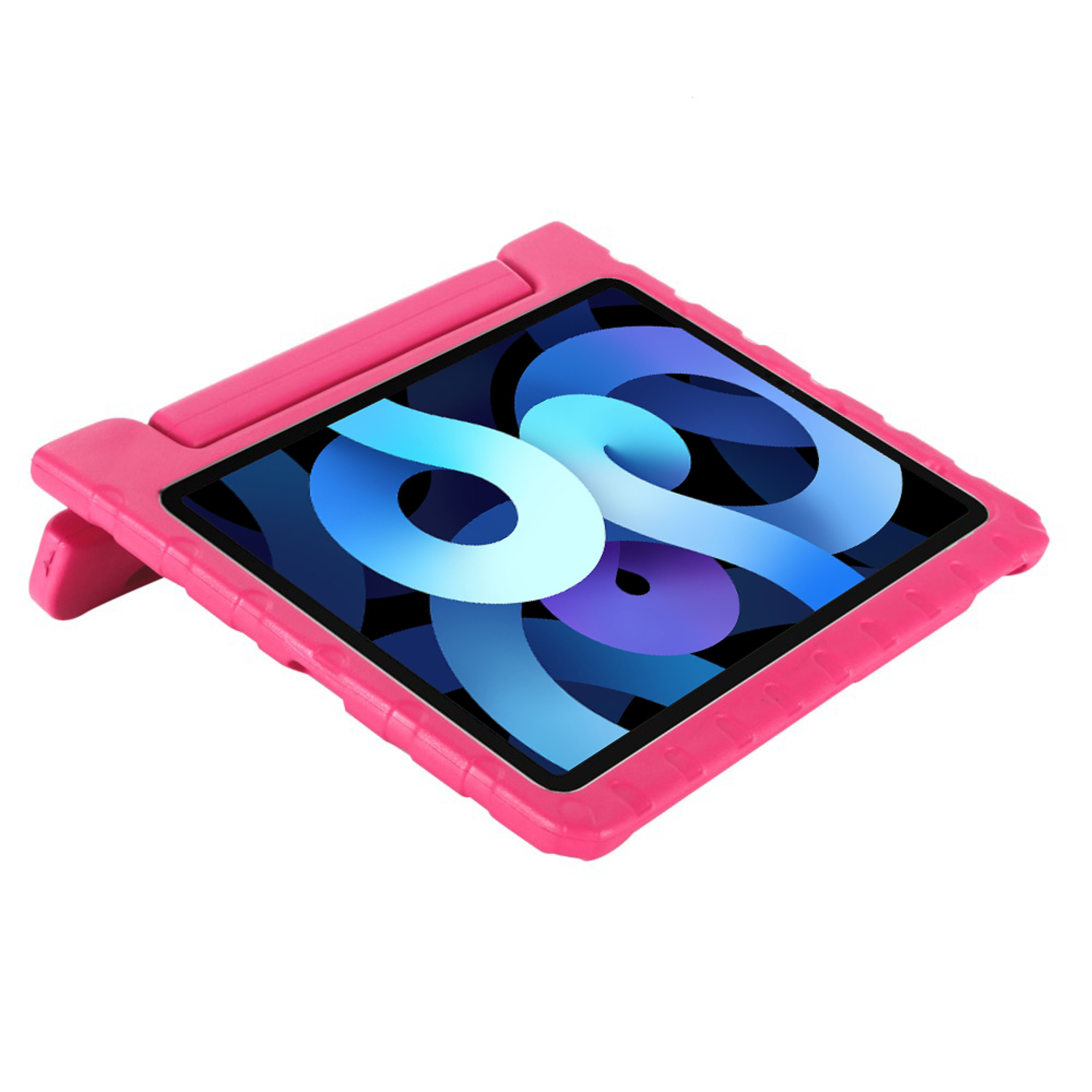 Pink tablet case, angled up, holding a tablet with a blue and white design.