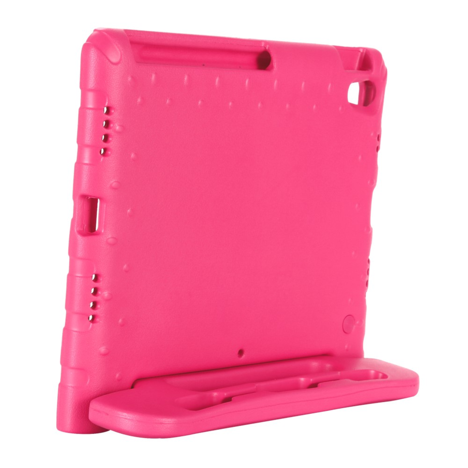 A bright pink tablet case with a kickstand on a white surface.