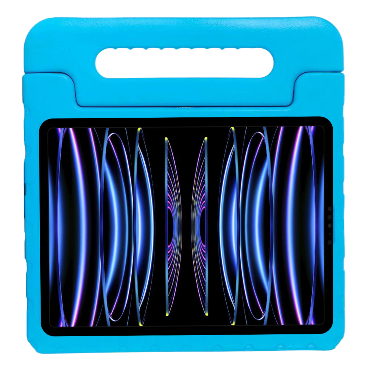 Blue tablet case with a tablet showing a colorful design on a black background.