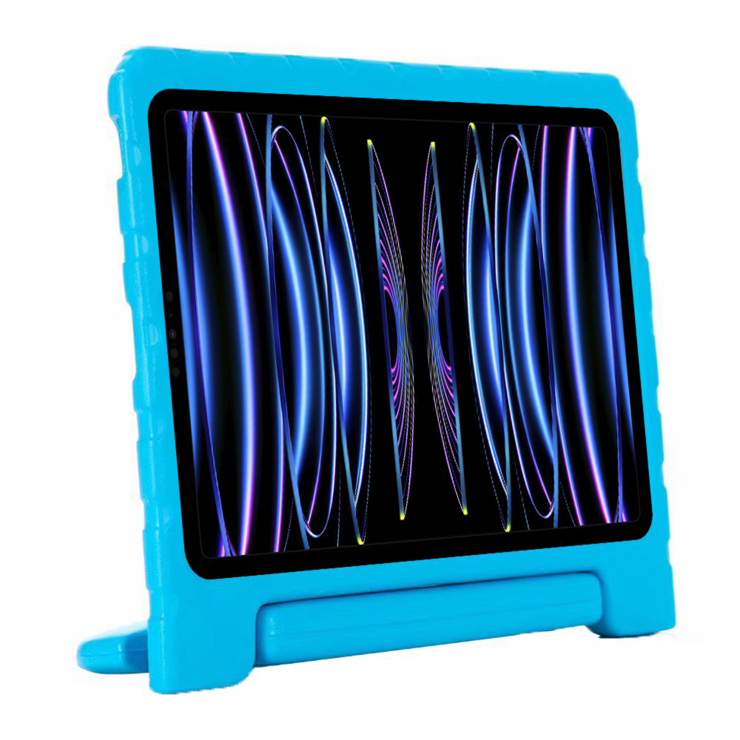 A blue protective case with a tablet inside, angled, with a support stand.