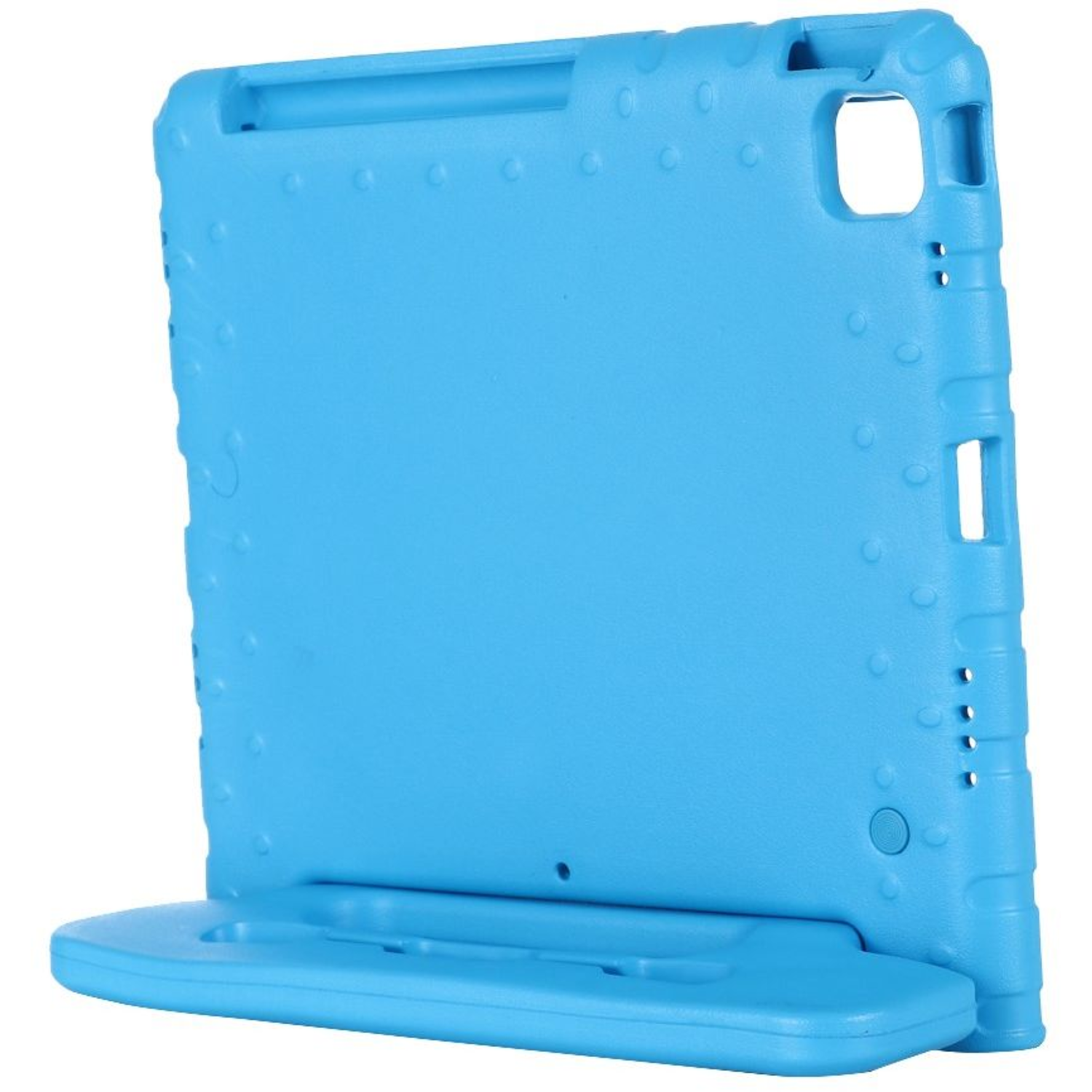 A bright blue tablet case with a built-in stand, designed to prop up a tablet for viewing.
