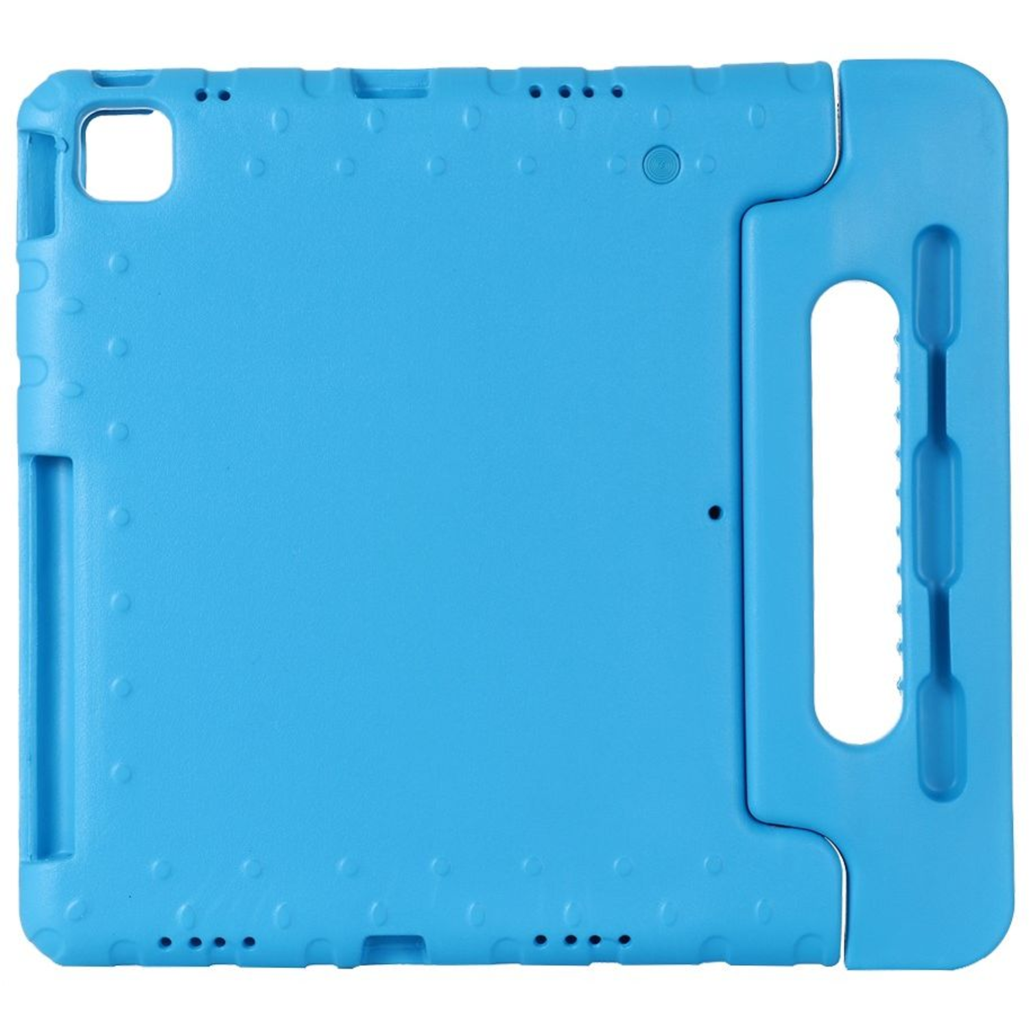Light blue tablet case with a handle and cutouts for buttons and camera.