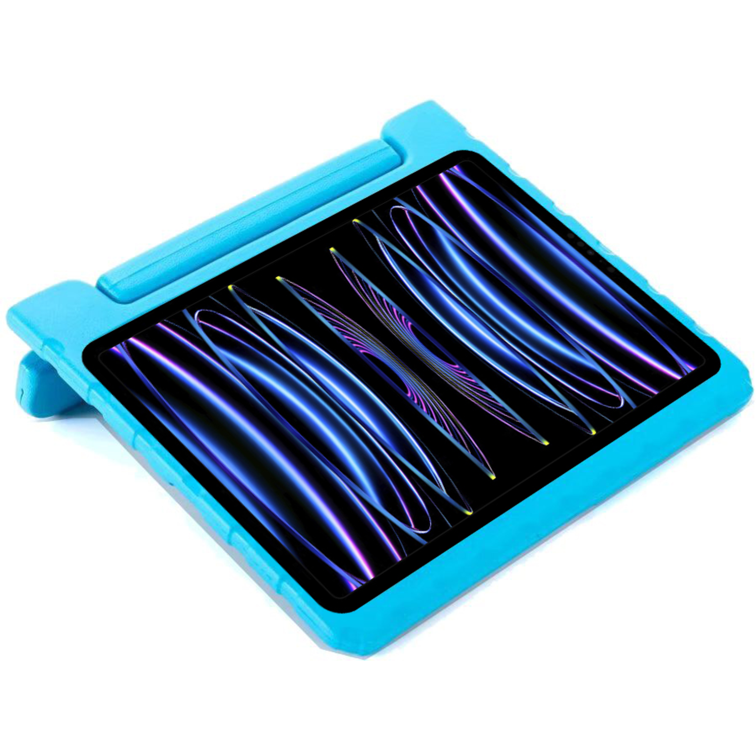 An iPad in a blue case. The screen displays a colorful, abstract image.