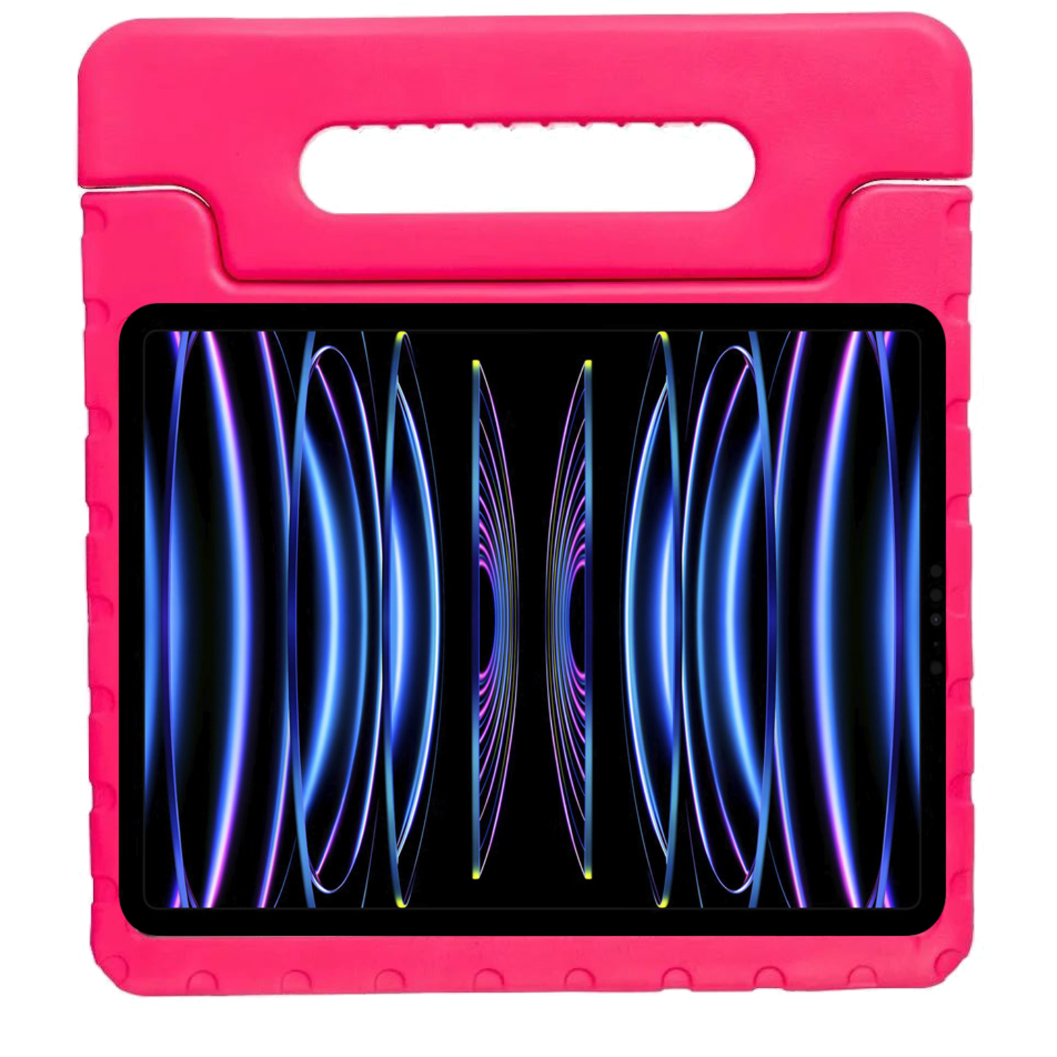Pink tablet case with a black tablet inside showing a colorful design on the screen.