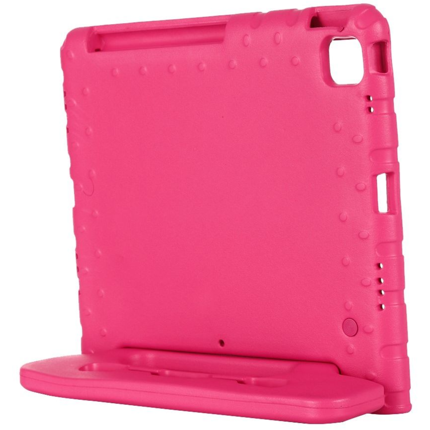 Pink tablet case with a kickstand, featuring cutouts for camera and controls.