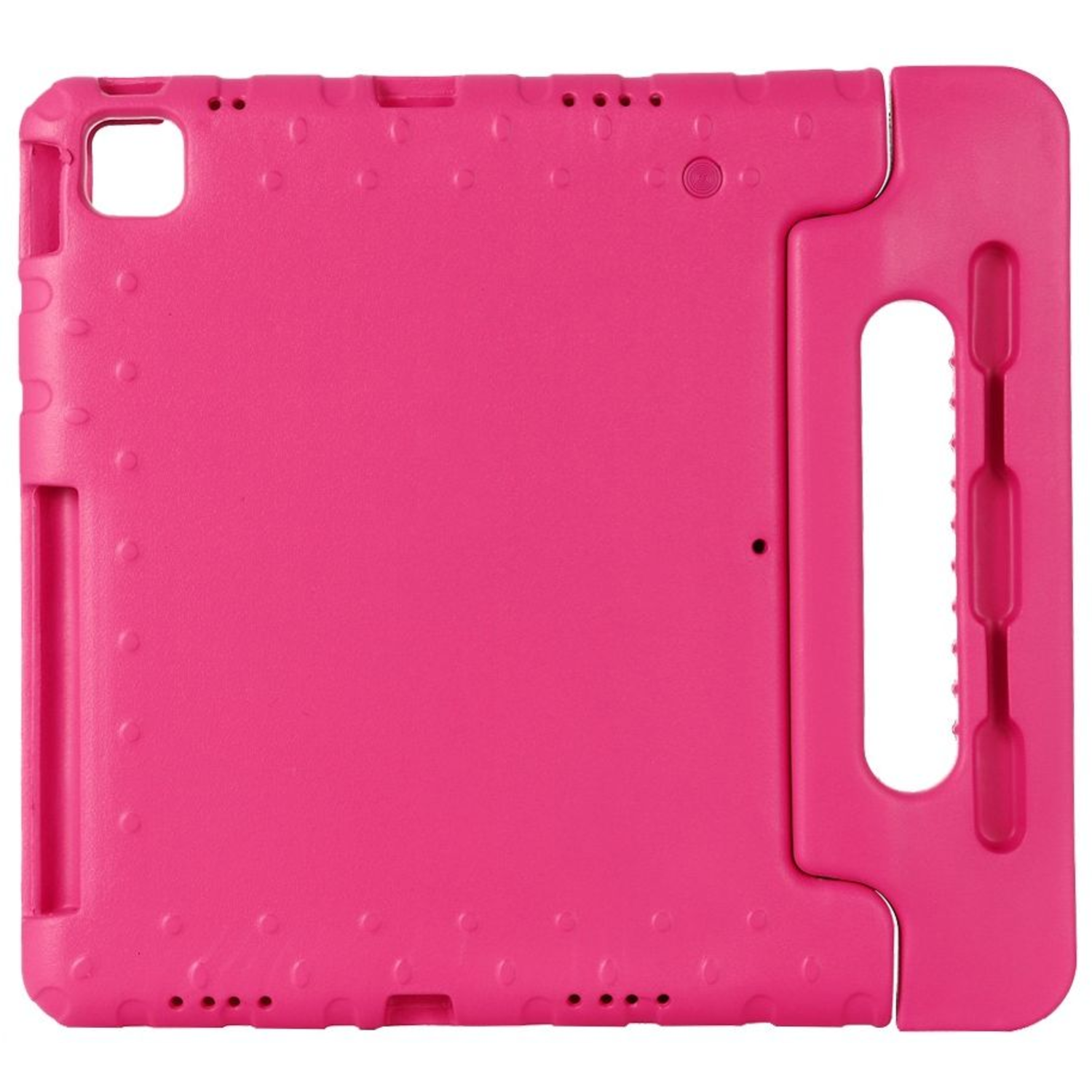 A pink tablet case with a handle, shown from the back.