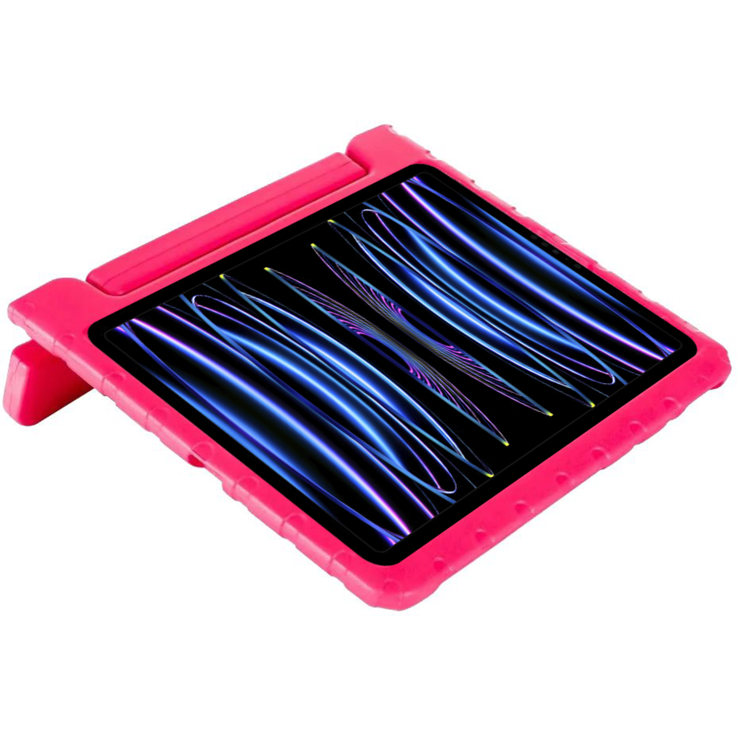 Pink tablet case with a tablet inside. The tablet has blue and purple abstract lines on screen.
