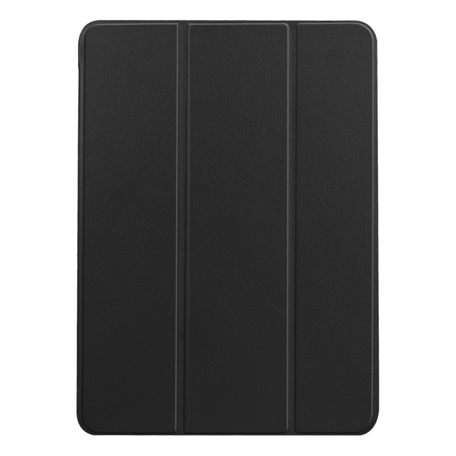 A black tablet case. It has three sections and a leather-like texture.