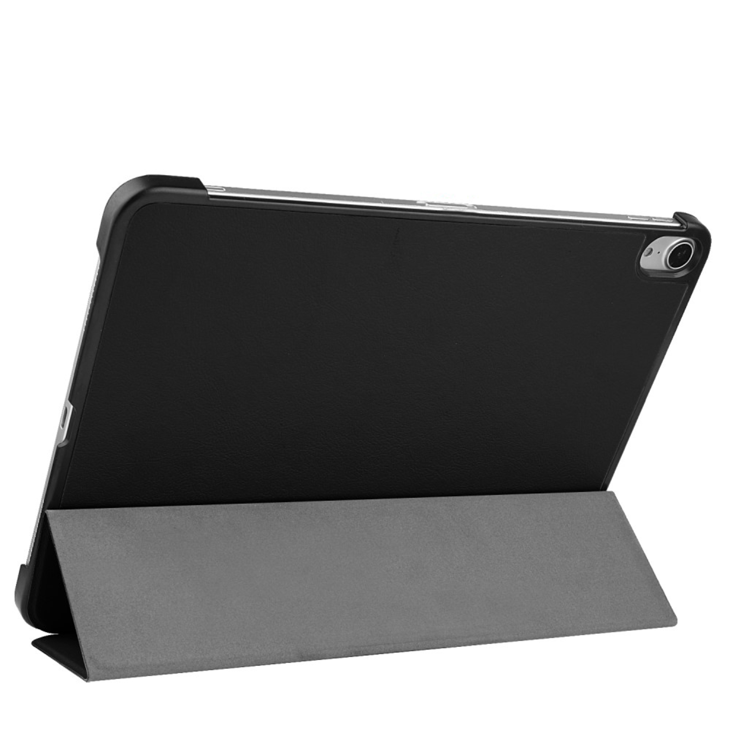 Black tablet with black case in a standing position. Gray interior.