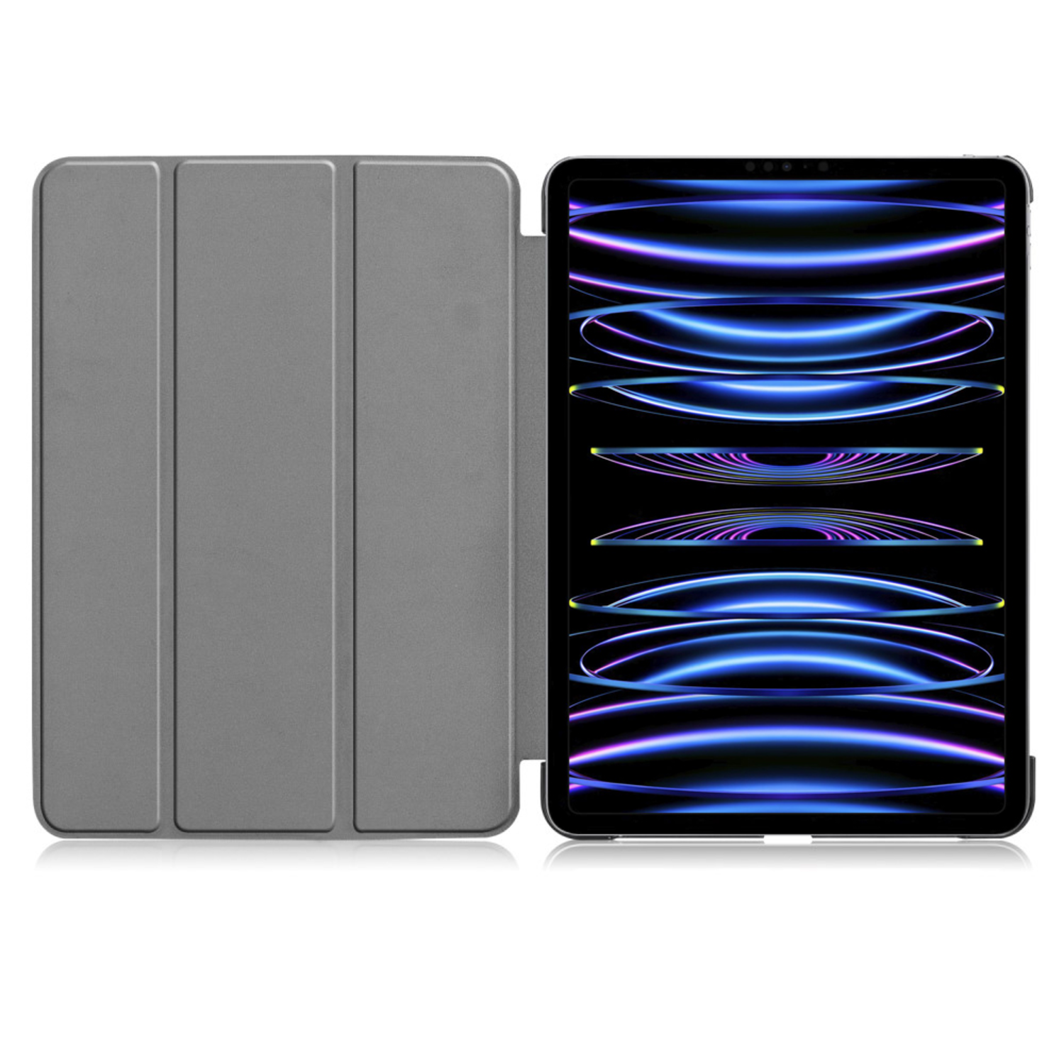 A grey tablet cover with the tablet open, displaying a colorful abstract screen.