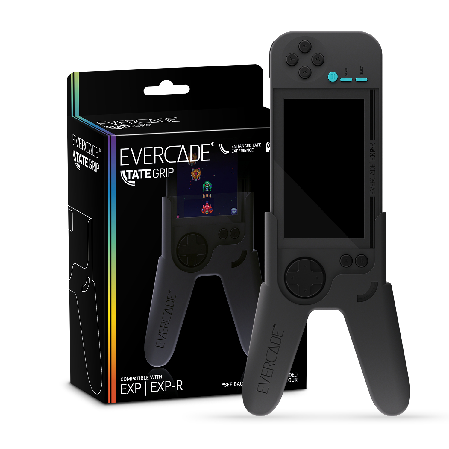 Evercade TATE GRIP und Box. Schwarzes Handheld-Gerät und Box mit Spielgrafiken. Weißer Hintergrund.