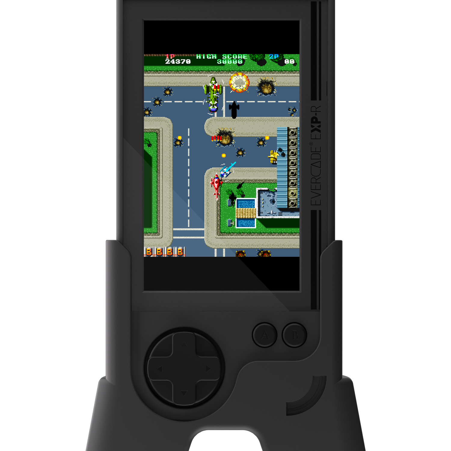 Schwarze Handheld-Konsole, die ein Retro-Videospiel anzeigt.
