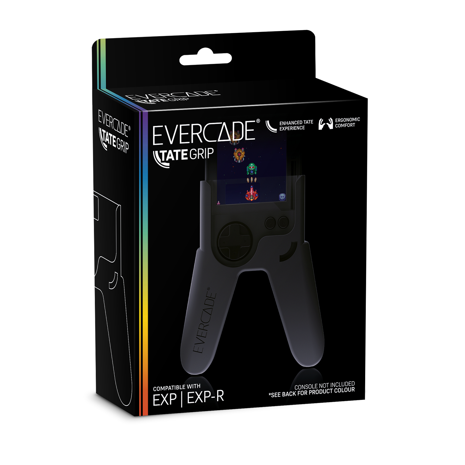 Verpacktes Evercade TATE GRIP mit einer Handheld-Konsole. Die Box hat Spielgrafiken und einen schwarzen Griff.