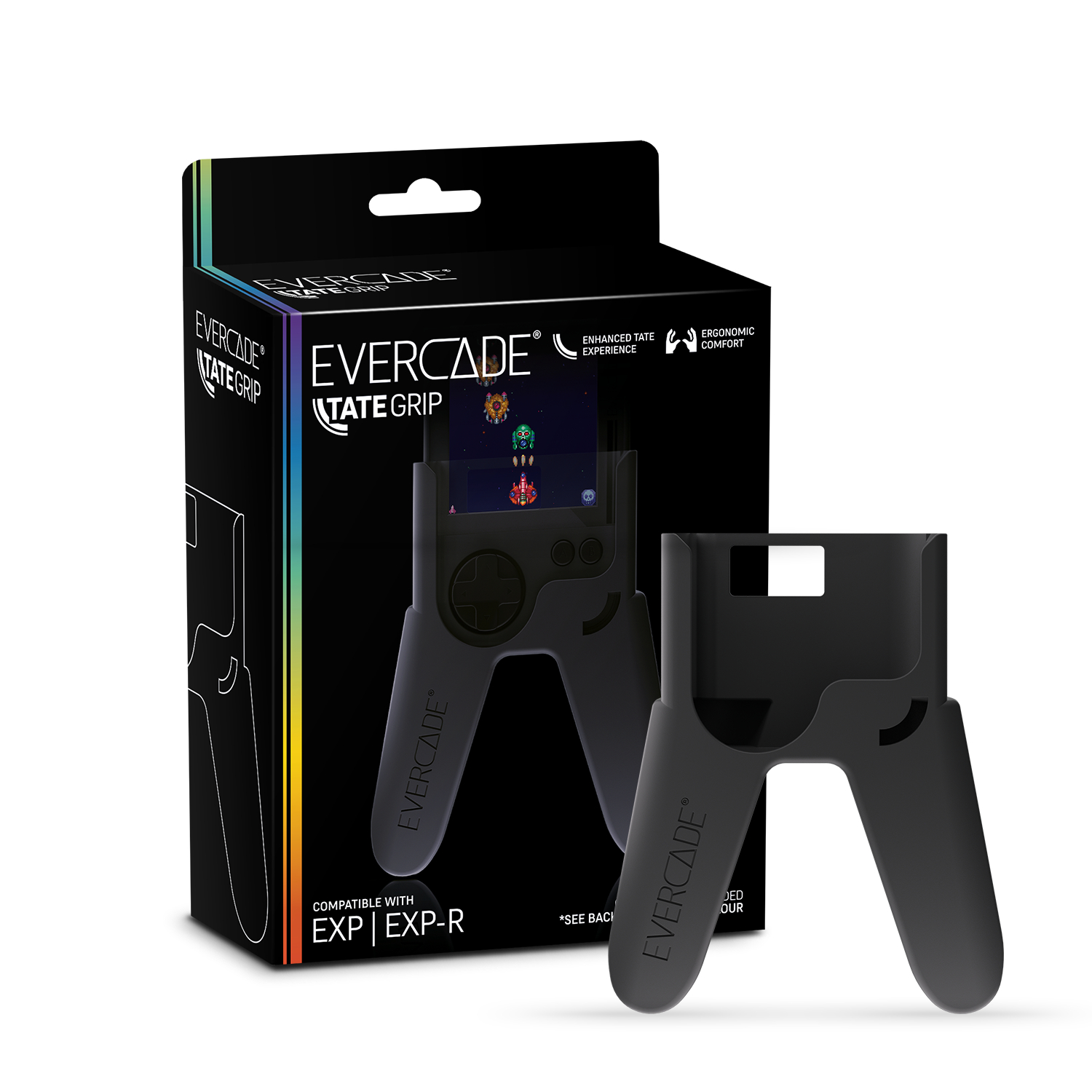 Eine schwarze Evercade-Spielekonsole und ihre schwarze Tragetasche. Weißer Hintergrund.