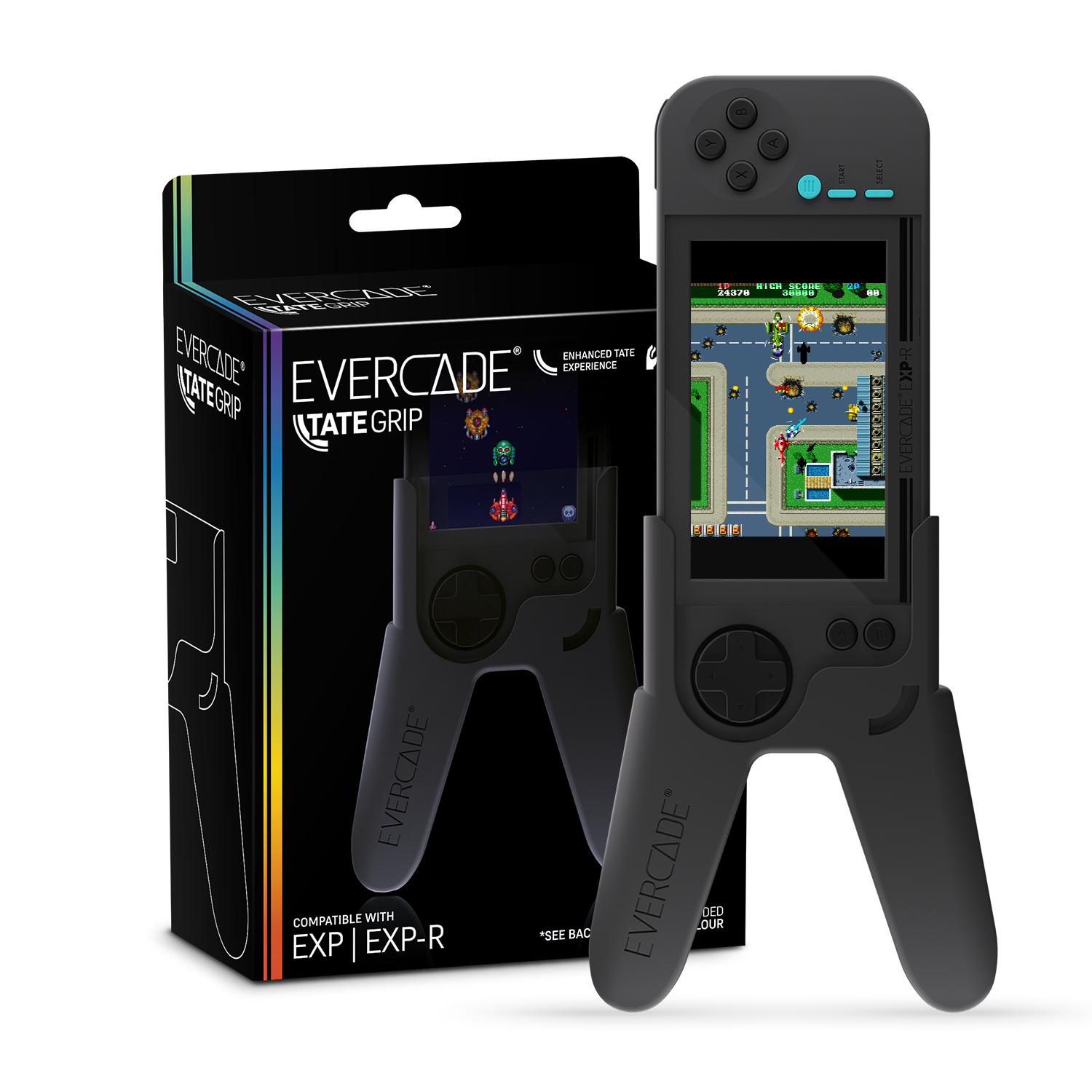 Eine schwarze Evercade Handheld-Konsole und ihre Box. Der Bildschirm zeigt ein Spiel.
