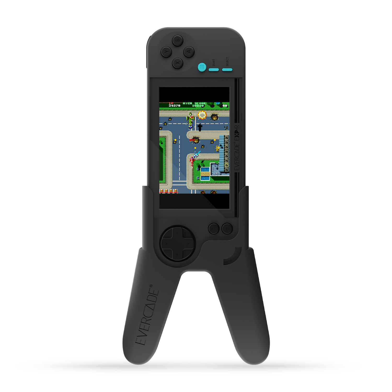 Schwarze Evercade EXP Handheld-Konsole mit Spielbildschirm.