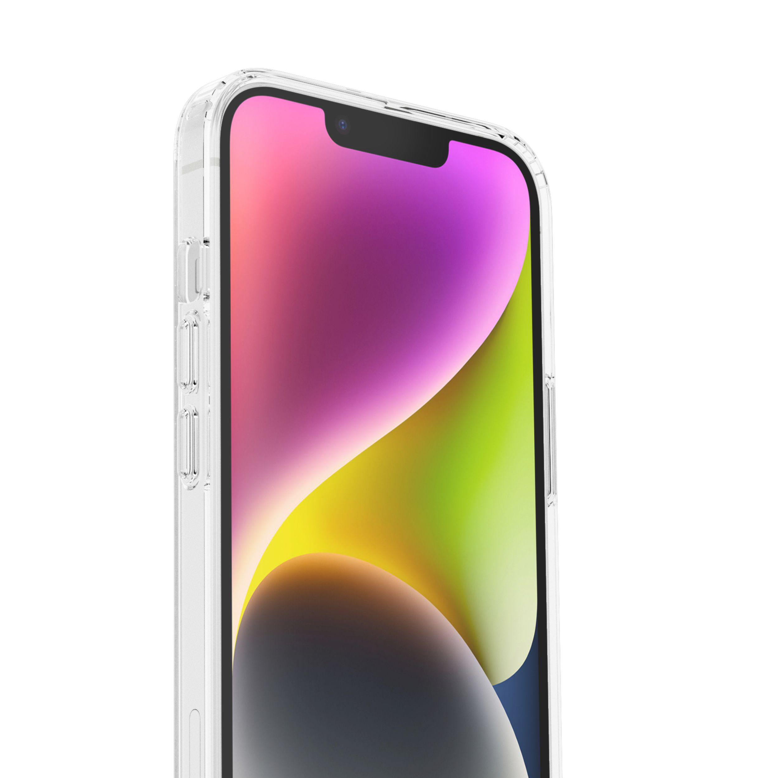 Nahaufnahme eines Smartphones in einer transparenten Hülle. Der Bildschirm zeigt eine bunte Anzeige, die sich auf die Oberseite konzentriert.
