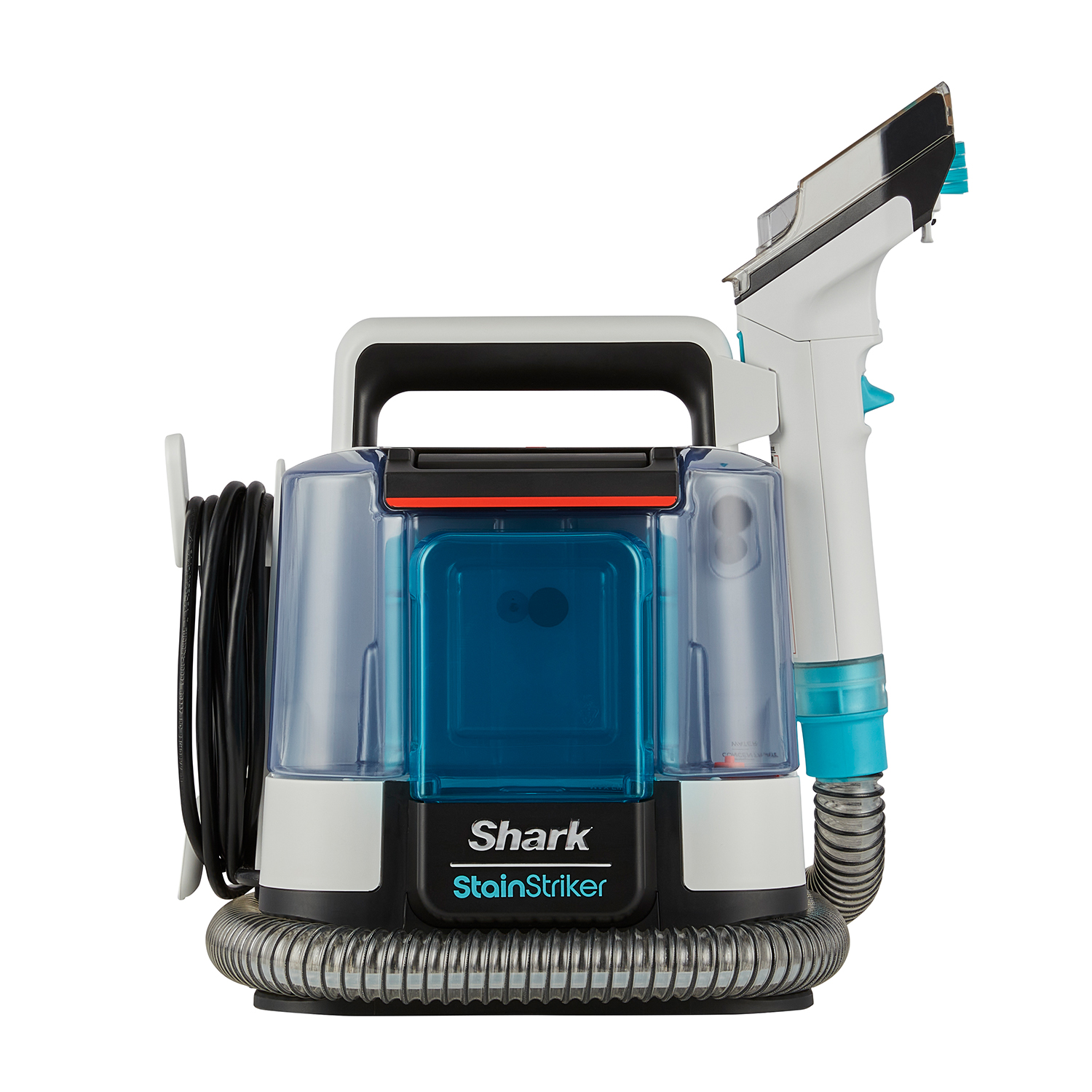 Shark StainStriker, un dispositivo per la pulizia. Il dispositivo è bianco e blu.