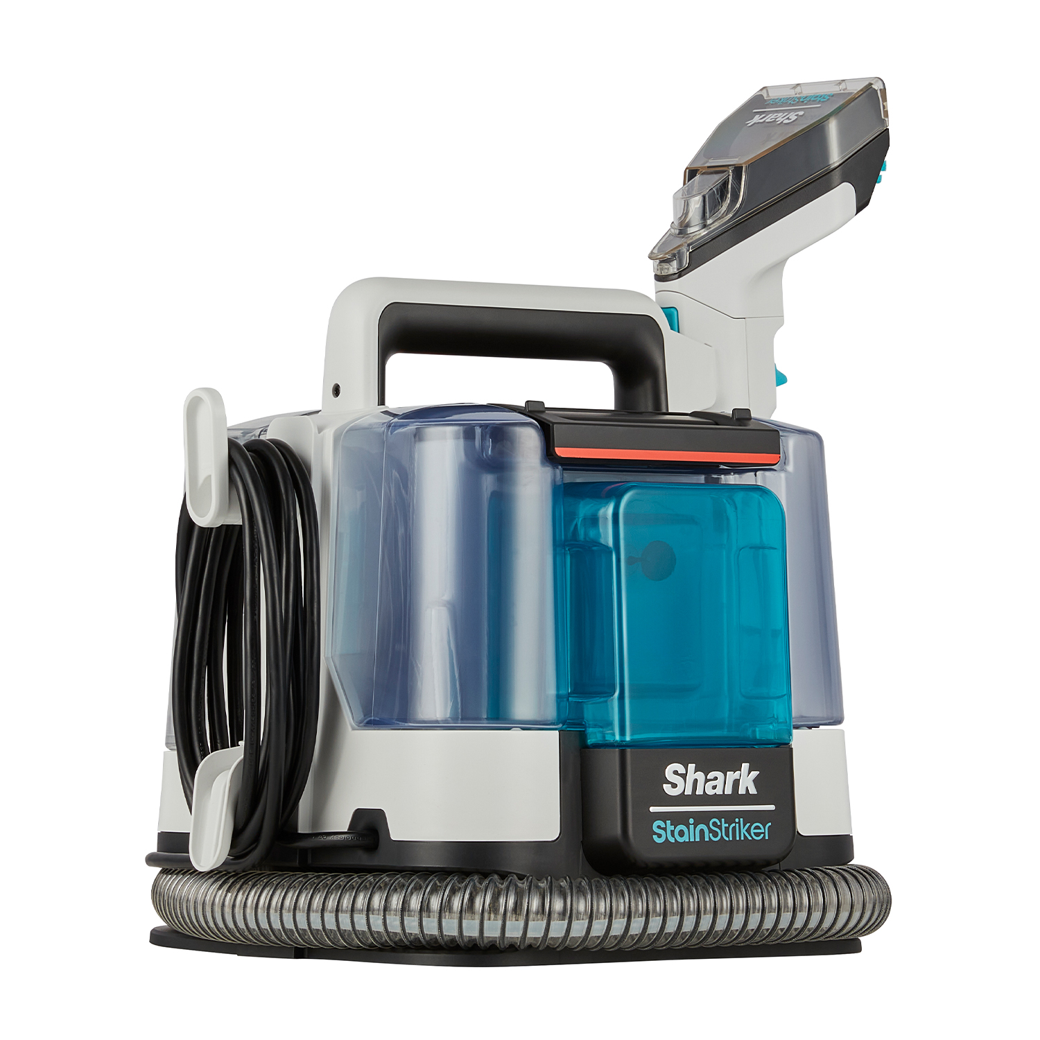 Un pulitore Shark StainStriker bianco e blu con maniglia e tubo.