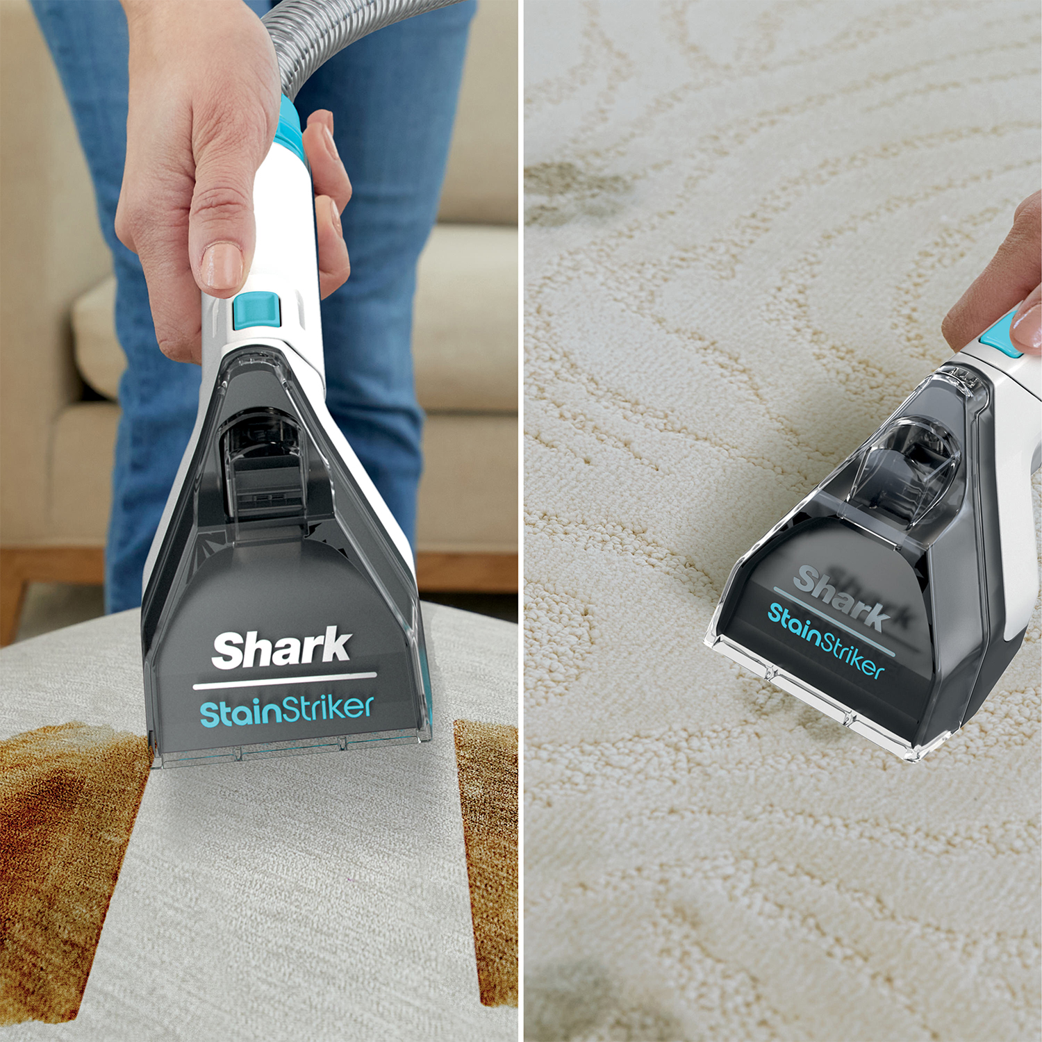 Un pulitore Shark StainStriker pulisce una macchia su un cuscino. Il pulitore è bianco e blu.