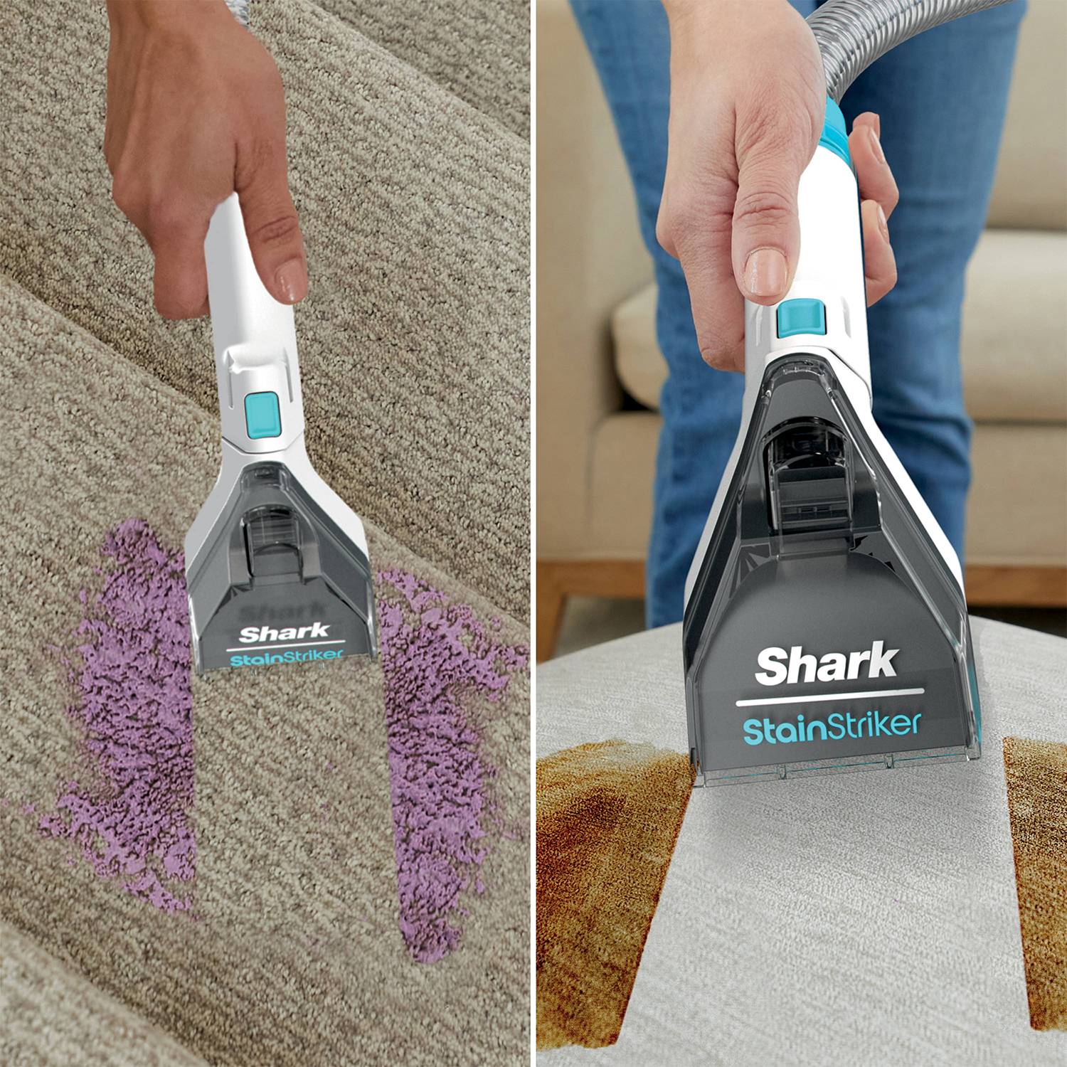Due immagini che mostrano uno Shark StainStriker che pulisce un tappeto e un divano, rimuovendo le macchie.