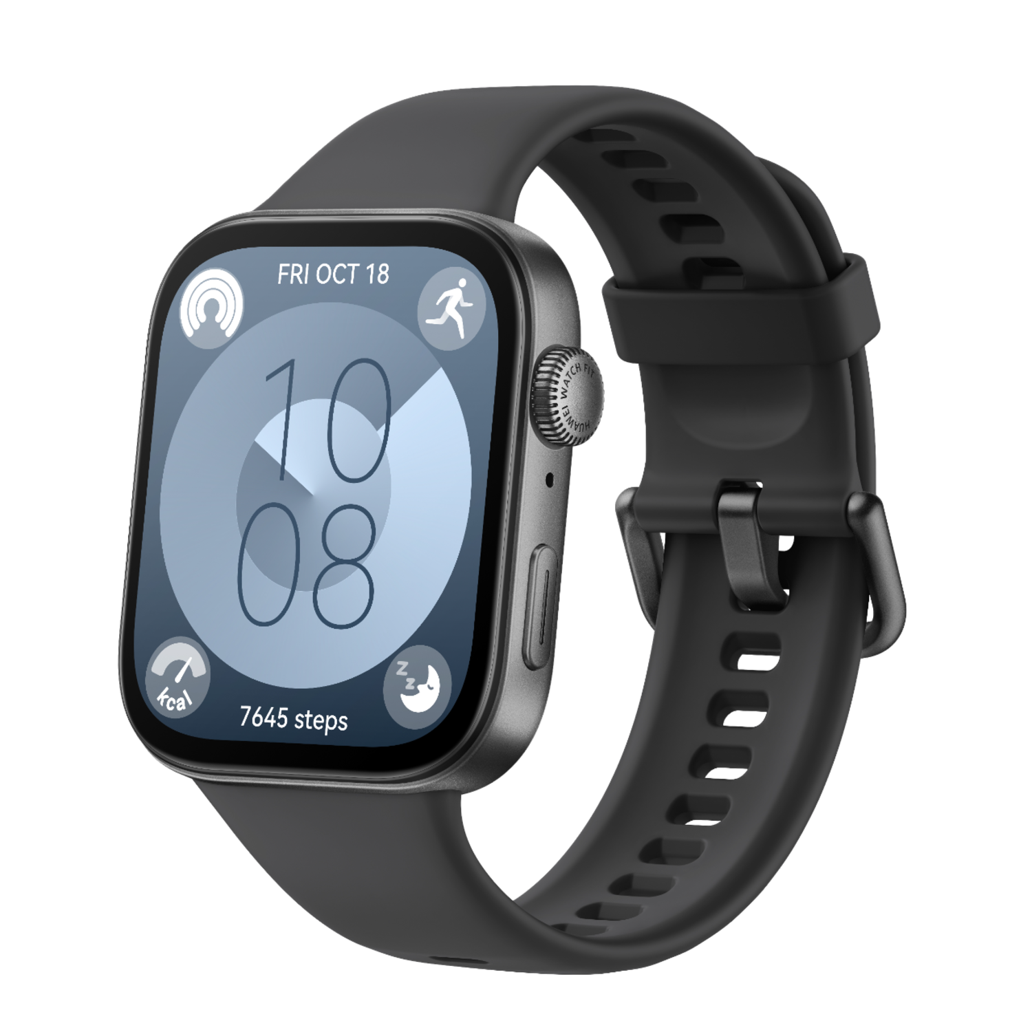 Zwarte smartwatch met rond scherm, toont tijd en stappen. Zwarte band.