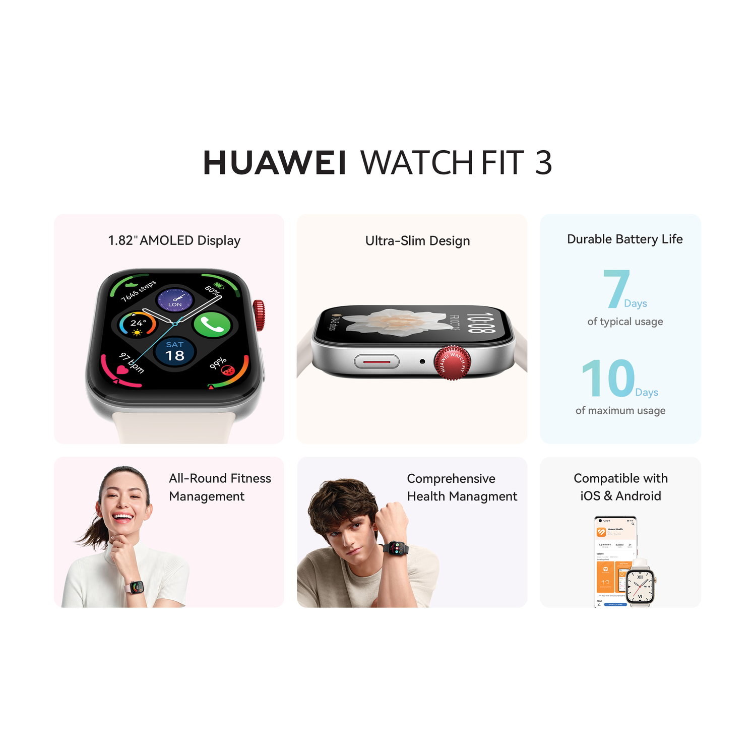 Een collage van de Huawei Watch Fit 3. Het toont het scherm, het ultraslanke ontwerp, de batterijduur, fitnessfuncties en compatibiliteit.