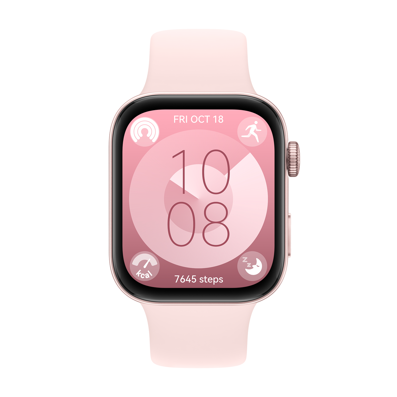 A pink smartwatch displaying time and health metrics.