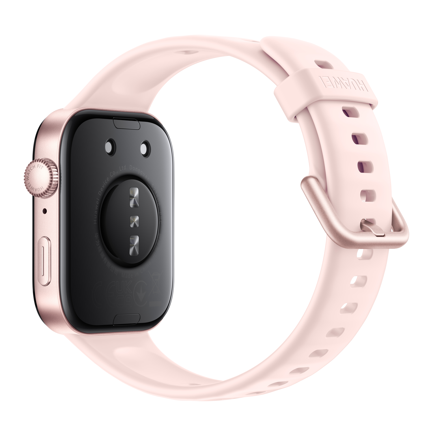 A pink smartwatch with a pink strap, angled to show the back.