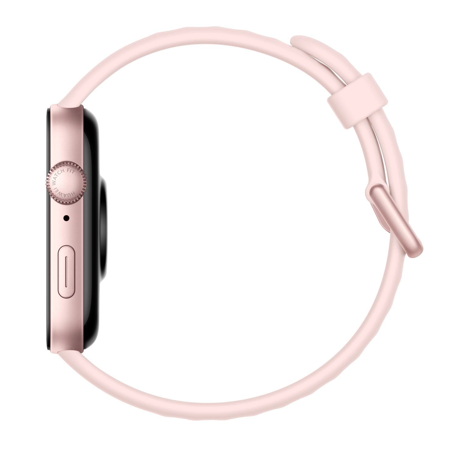 A side view of a smartwatch with a light pink strap and a black face.