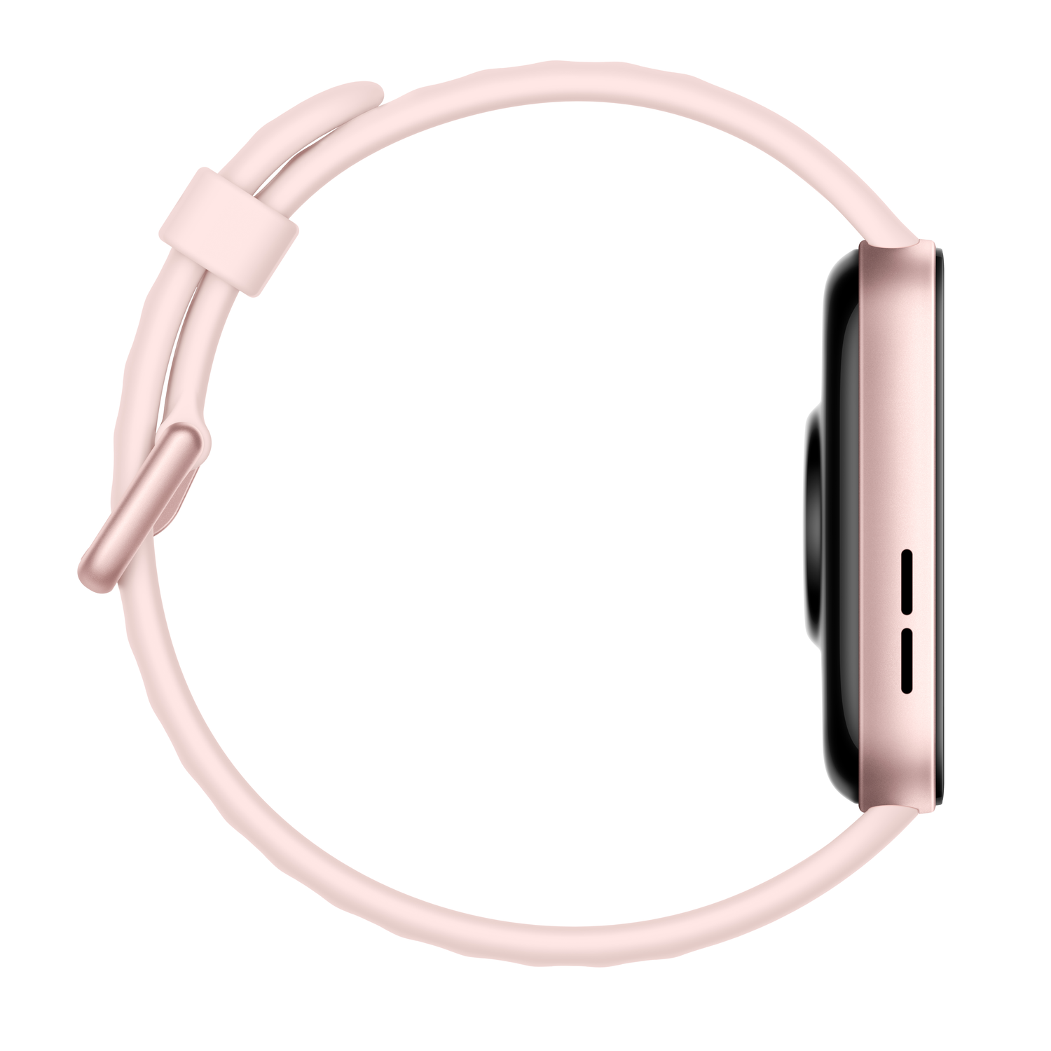 Pink smartwatch with a pink strap, side profile view.