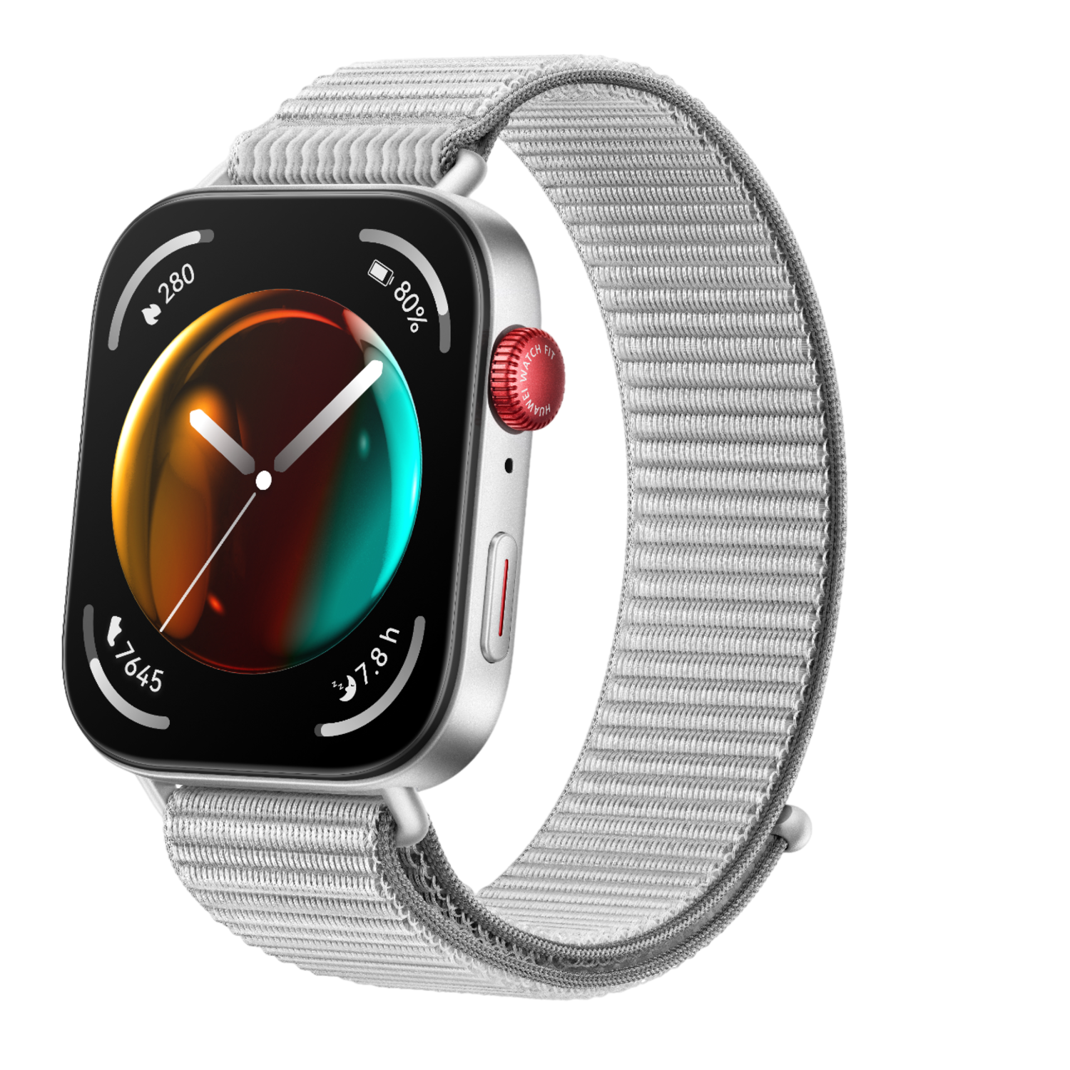 Zilveren smartwatch met een witte band. Het scherm toont tijd, batterij en activiteit.