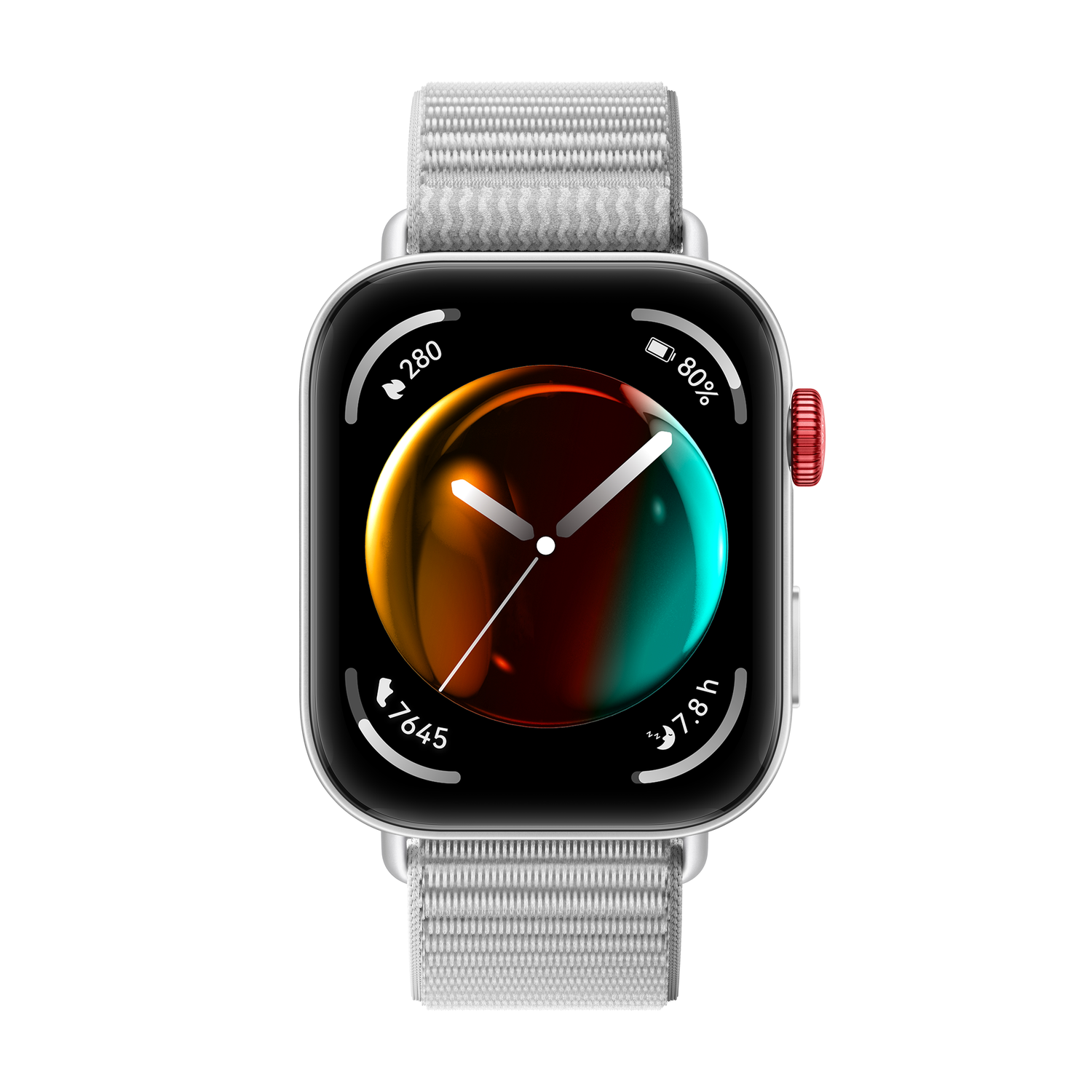 Een smartwatch met een zilveren kast, witte band en een display met tijd en statistieken.