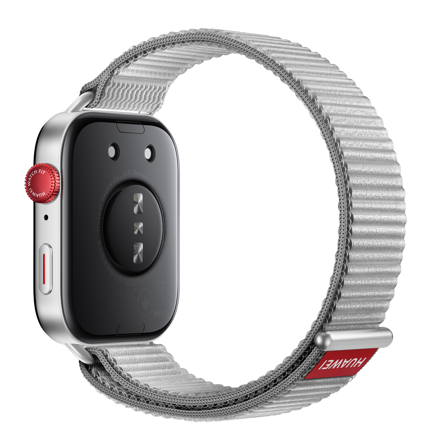 Zilveren smartwatch met grijze band, rode knop en zwart scherm. De band heeft een rood 'Huawei'-label.